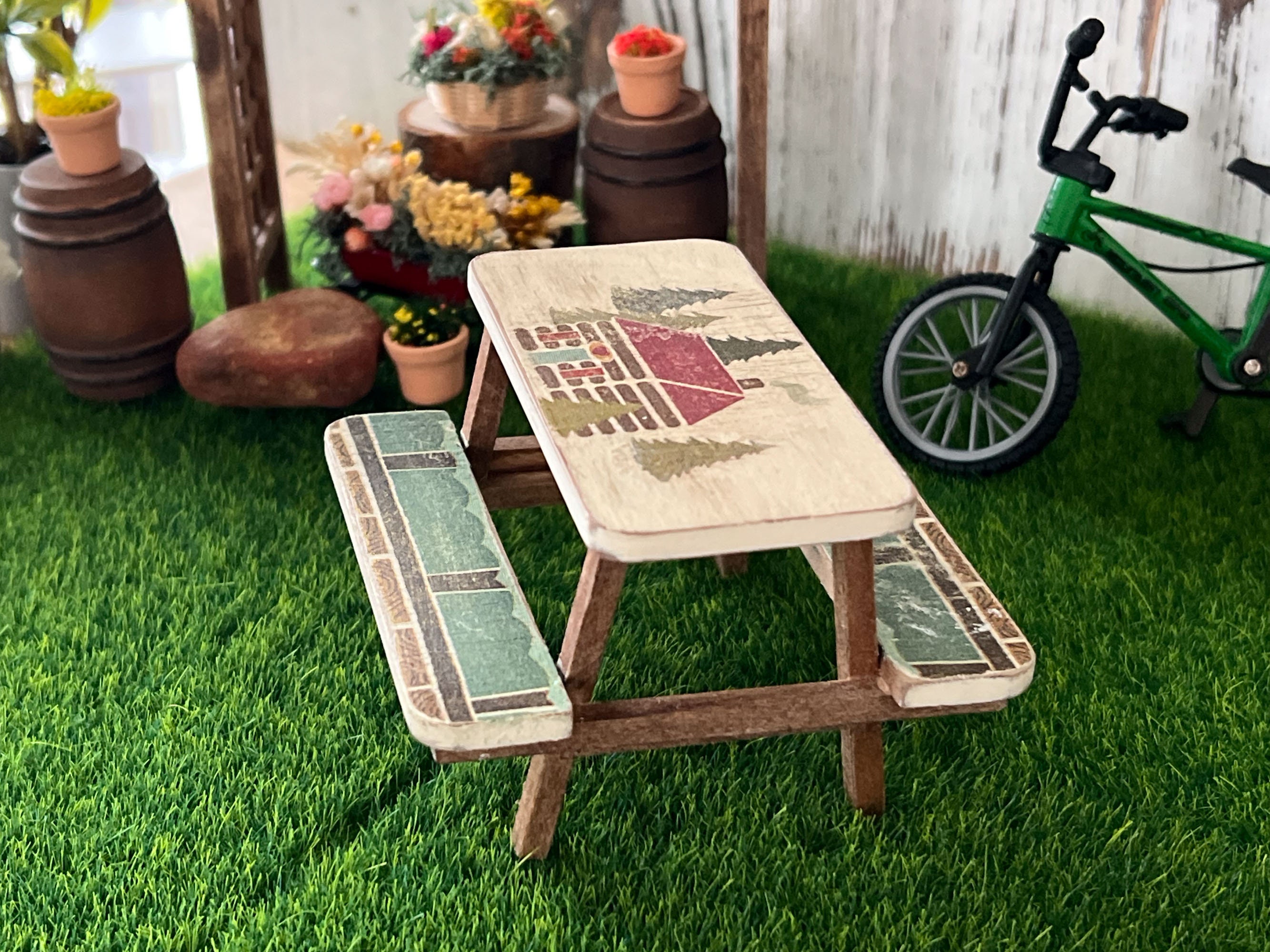 Miniature Picnic Table 1:12 Scale - Beige-brown Dollhouse Backyard ...