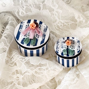Dollhouse Miniature Hat Boxes: Blue Striped Victorian Bandboxes, Set of 2