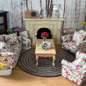 Miniature 1:12 Scale 4PC Sofa, Chairs, Table and Cushions – Dollhouse Living Room Furniture