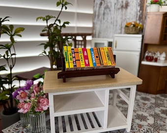 Miniature Bookshelf with Books – 1:12 Scale Dollhouse Wooden Shelf with 13 Colorful Mini Books