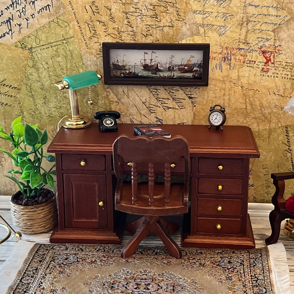 Dollhouse Miniature Retro Banker's Desk with Chair, Office Writing Desk, Study Desk, 1:12th Scale, Teacher Desk, Mahogany Finish, Diorama