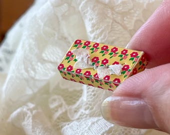 Miniature 1:12 Scale Facial Tissue Box – Yellow with Red Flowers for Bathroom Decor