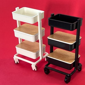 Dollhouse Miniature 3 Tier Trolley 1PC for Doll's Bedroom, School, Office Supplies Storage with Wheels that Roll, Trolley in Black or White