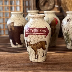 Dollhouse Miniature Stoneware Vases with Rustic Decoupage – 1:6 Scale Dollhouse Cabin & Country Decor – Matt Finished Vases