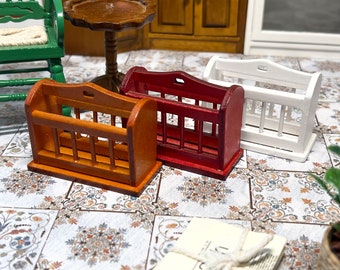 Dollhouse Miniature Wood Magazine Rack, Wooden White Rack for Books, 1:12 Newspaper Rack-Dollhouse Decor.