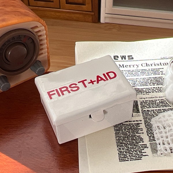 Miniature First Aid Kit, Vintage Metal Hinged Box, 1:12 Scale Dollhouse Accessory