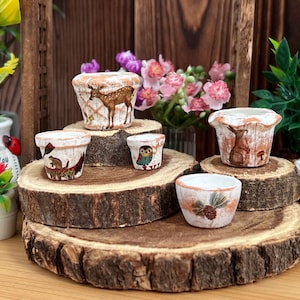 Puede incluir: Cinco macetas de flores en miniatura de cerámica blanca con diferentes diseños de animales y naturaleza en un conjunto de tres rodajas de tronco de madera. Las macetas presentan un ciervo, un búho, un conejo y una piña.