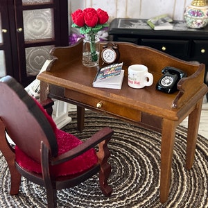 Dollhouse Miniature Writing Desk – 1:12 Scale Dollhouse Furniture | Retro Brown Desk with Drawer & Gold Knob
