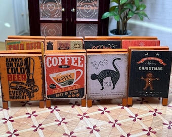 Miniature Vintage Wooden Signboards – 1:12 Scale Dollhouse Coffee Shop, Holiday, and Pub Signs