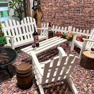 ✨ Create a Charming Miniature Garden Sitting Area! ✨
Add a touch of elegance and tranquility to your 1:12 scale dollhouse with this beautifully crafted White Adirondack Patio Set. This set includes a long bench, a long table, and two chairs, transforming your dollhouse outdoor scene into a serene and enjoyable setting.