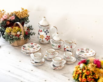 Miniature Porcelain Tea Set - 1:12 Scale – Dollhouse 17PC Colorful Flowers Tea Time