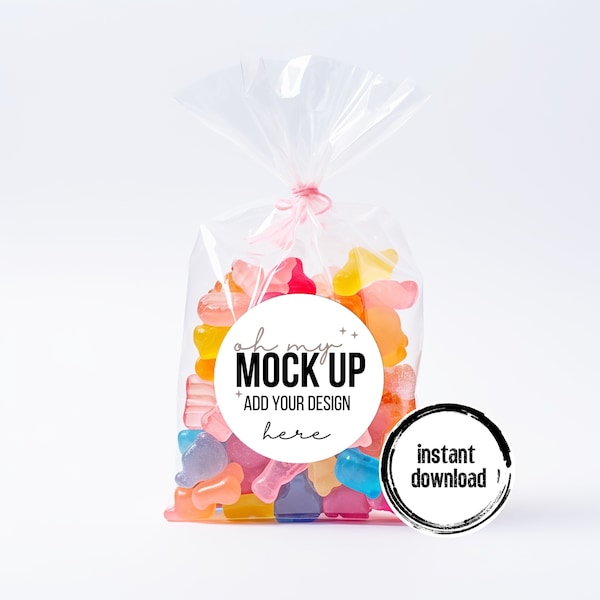 Gummy Candy Bag Mockup, Candy Favor Bag, Candy Bag Mock Up, Candy Bag with Sticker Mockup, Gummy Treat Mockup, Round Sticker Mockup Download