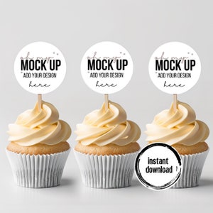 Cupcake Topper Mockup, Einfaches Cupcake Mockup, Sahne Cupcake Topper Mockup, Minimalistische moderne Hochzeit, Verlobung PSD Smart Objekt + JPEG