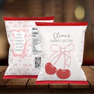 Cherry on Top coquette Birthday. Editable template Pink and Red Bow Chip Bags-Printables-digital-cherry on top