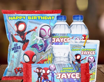 Spidey Party Package, Chip bag, Water bottle, Juice pouch, candy bar Spidey and his Friends Bundle, Printable Party Favors
