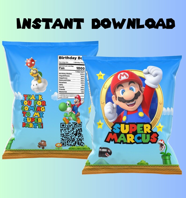 Editable Super Mario Kids Party Chip Bag, Template Printable, Kids ...