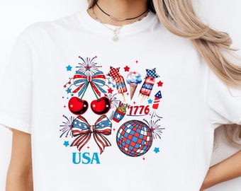 America Coquette Bow Cherry Comfort Colors Shirt America Disco Ball T-Shirt American Girly Tee