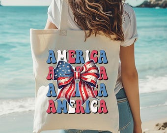 America Bow Tote Independence Day Gift Canvas Bag 4th of July  Patriotic Bag