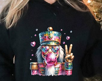 Pink Nutcracker Christmas Shirt: Disco Ball Sunglasses Peace Sign