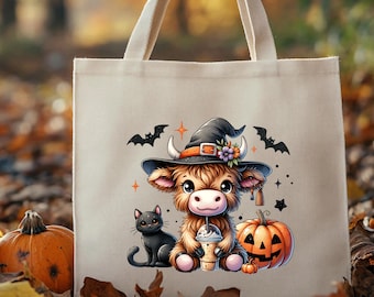 Baby Cow Halloween Tote Bag: Cute Highland Cow & Pumpkin Design
