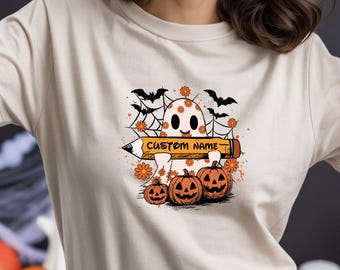 Custom Teacher Halloween Shirt: Ghost Bat Pencil Design - Comfort Colors