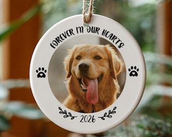 Golden Retriever Photo Custom Ornament with Botanical and Paw Accent