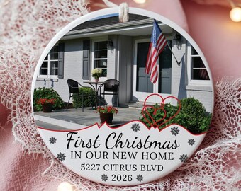 Personalized Family Ornament for First Christmas in New Home with Porch Photo