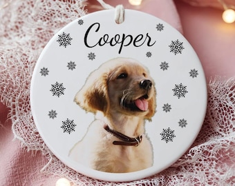 Handmade Golden Retriever Christmas Ornament with Personalized Name in Black Script