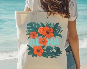 Tropical Hibiscus Floral Canvas Tote Bag: Aloha Island Reusable Grocery Beach Bag