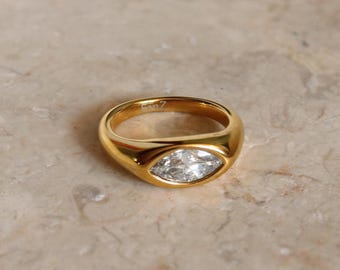 18k Golden/Steel Sideways East West Marquise-Cut Bezel-Set Ring (CZ)