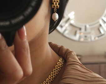 Gold Dangle Pearl Earrings (Heavy 18k Gold Plating on Steel)