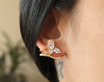 Flower Petal / Leaf Cuff Earrings with Colorless Stone Heavy 18k Gold Plating | CZ)
