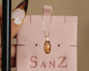 14k Gold & Dainty Crystal Pendant Chain Necklace (Checkerboard Cut)