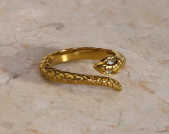 Golden Snake Ring Cubic Zirconia Eyes (Heavy 18k Gold Plating on Steel | CZ)
