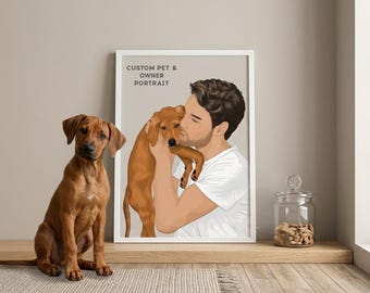 Custom Pet and Owner Portrait, Minimalist Illustration, Pet Memorial Art (Digital), Dog lovers gift
