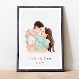 Custom line art portret paar – Minimalistische aquareltekening van foto – Cadeau voor jubileum, verloving, bruiloft of Valentijnsdag