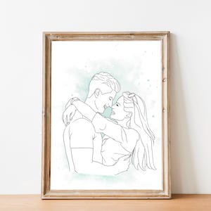 Aangepast lijnkunstportret voor stel, 1e verjaardagscadeau voor echtgenoot, digitaal stelportret van foto, verlovingsfoto tot kunst