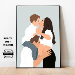 Aangepaste familieportretillustratie, leuk familieportret van foto, anoniem portret familie, tekenfilmtekening cadeau voor ouders