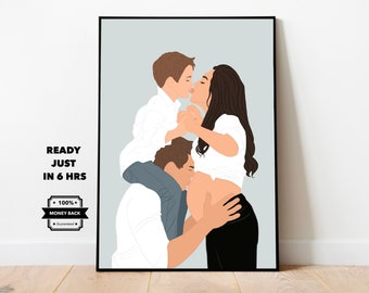 Tableau portrait de famille à partir d'une photo, portrait sans visage personnalisé, illustration numérique minimaliste, cadeau personnalisé, carte poster fête des mères