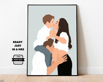 Familienporträt vom Foto, individuelles gesichtsloses Porträt, minimalistische digitale Illustration, personalisiertes Geschenk, Muttertags-Posterkarte