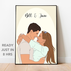 Cadeau portrait personnalisé pour couple, impression au trait coloré, dessin à partir d'une photo, illustration de fiançailles personnalisée, cadeau du 13e anniversaire pour elle
