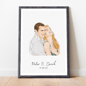 Aquareltekening van foto, aangepast portret voor stel, gepersonaliseerd cadeau voor stel, cadeau voor stellen, 10-jarig jubileumcadeau voor vrouw