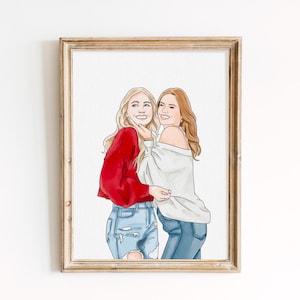Portret van beste vriend van foto, aangepaste vrienden tekenen, lijntekening aquarel, gepersonaliseerd portretcadeau, uniek verjaardagscadeau voor haar