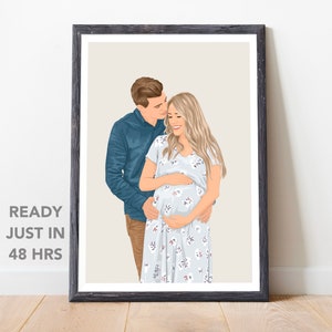 Aangepast portret zwanger koppel, zwangerschapsschilderij van foto, gepersonaliseerd cadeau voor aanstaande stellen, digitale minimalistische familietekening