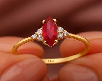14K Solid Gold Marquise Ruby Engagement Ring, Simulated Diamond Accents, Vintage Style Jewelry for Women, Handmade Fine Jewelry Gift for Her
