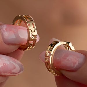 Greek Key Earrings Hoops Huggie Earring 14K Solid Gold, Wide Infinity Greek Key Symbol Huggy Hoop Earrings, Everyday Meander Earring Women