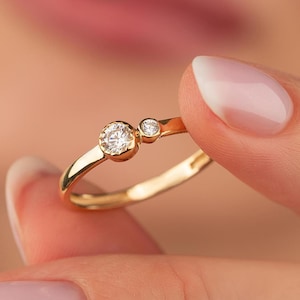 Double Thin Simulated Diamond Wedding Ring with 14K Solid Gold, Toi Et Moi Dual Engagement Ring, Round Scatter Diamond Ring Two Stone Ring
