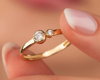 Double Thin Simulated Diamond Wedding Ring with 14K Solid Gold, Toi Et Moi Dual Engagement Ring, Round Scatter Diamond Ring Two Stone Ring
