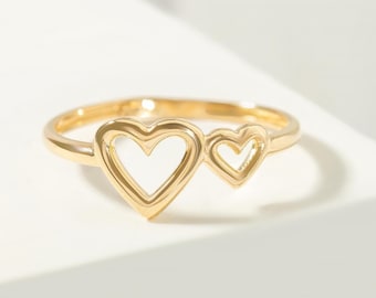 Open Double Heart Engagement Ring, 14K Solid Real Gold Two Heart Wedding Band Bride, Heart Shaped Ring Gifted, Love Forever Promise Ring Her