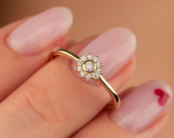 Daisy Flower Engagement Ring and Thin Simulant Diamond 14K Solid Gold, Bezel Halo Floral Wedding Ring, Round Multi-Stone Promise Ring Women